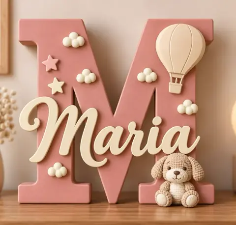 Dusty pink letter M with the name Maria, clouds, stars, a hot air balloon and a puppy