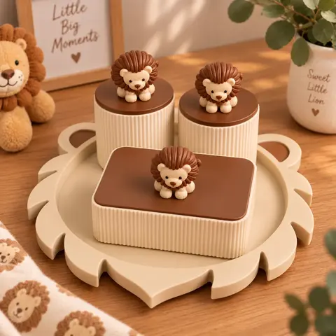 Lion nursery storage set in cream and brown with a lion mane shaped tray