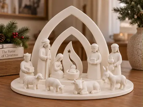 White Christmas nativity set with the Holy Family, three kings and animals under arches