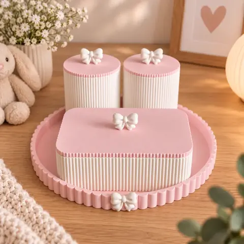 Pink and white nursery storage set with bow details on a scalloped tray