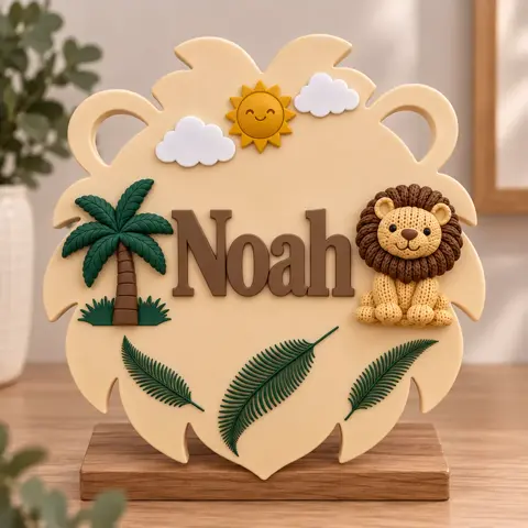 Lion shaped personalised name plaque with the name Noah, a palm tree, sun and clouds on a wooden base