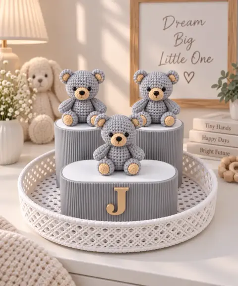 Grey teddy bear nursery storage set with ribbed containers, initial J and white lattice tray
