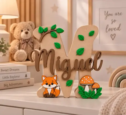 Personalised nursery letter M with the name Miguel, a fox, leaves and mushrooms